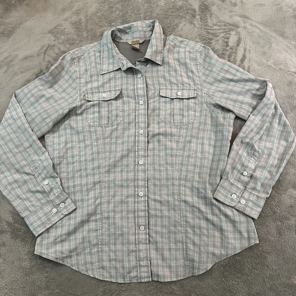 Duluth Trading Co Gray Button Up Shirt LARGE Women's Vented Fishing Outdoor